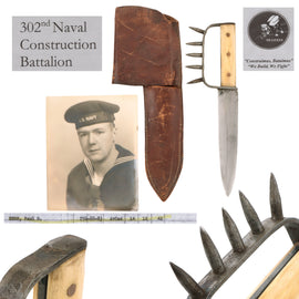 Original U.S. WWII Naval Construction Battalion Custom Knuckle Knife with Sharpened Knuckles & Protective Scabbard Identified to Seabee Paul Russell Kerr with Original Photograph