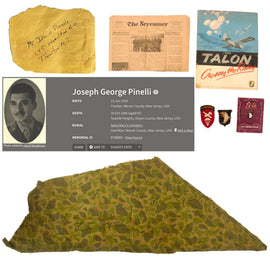 Original U.S. WWII 101st Airborne Division Camouflage Parachute Fragment, Patches, and Ephemera Grouping of Sergeant Joseph Pinelli, 501st PIR - 15 x 51”