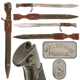 Original German WWI M1898/05 n/A Butcher Bayonet & Steel Scabbard with Leather Belt Frog by Carl Eickhorn - Dated 1917
