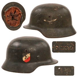 Original German WWII Luftwaffe M35 Double Decal Steel Helmet with 1939 Dated 59cm Liner & Chinstrap Remnants - Stamped SE66