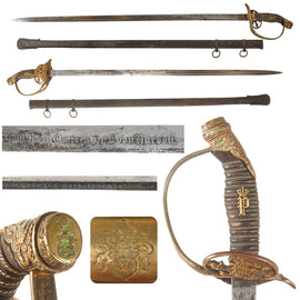 Original Imperial German Pre-WWI Presentation Damascus Steel Model 1889 Prussian Infantry Officer Sword with Scabbard by M. Neumann Hoflieferant of Berlin - von Oertzen to von Harbou