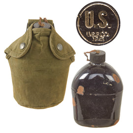 Original U.S. WWII Named 1st Pattern USMC Canteen Cover with Durasnaps and Black Porcelainized Canteen