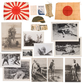 Original U.S. WWII Japanese Flag, Forage Cap, & Photograph Bringback Grouping with Macabre Photographs - Rising Sun & Meatball Flags