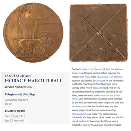 Original British WWI “Bloodiest Single Day in the History of the British Army” Battle of the Somme KIA Death Penny Soldier Memorial in Original Issue Cover - Horace Harold Ball - 1st Lancashire Fusiliers