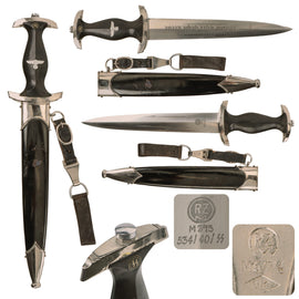 Original German WWII Model 1933 SS Dagger by Artur Schüttelhöfer & Co. of Solingen with Scabbard, Hanger, and Belt Loop - RZM M7/13 534 / 40 / ᛋᛋ