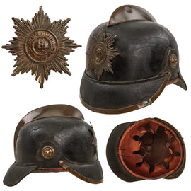 Original Imperial German Pre WWI Fire Brigade Pickelhaube Style Leather Helmet with Suum Cuique Badge & Liner