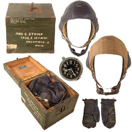 Original U.S. WWII Bringback Group of Two German Luftwaffe Flying Helmets, Cockpit Clock, and Flight Gloves in S/Sgt. George A. Stump’s Send-Home Crate