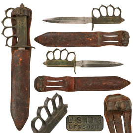 Original U.S. WWI Model 1918 Mark I Trench Knife by L.F. & C. with “The Spaniard” Custom WWII Era Leather Scabbard with Laundry Number