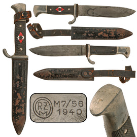 Original German WWII Late Pattern HJ Fahrtenmesser Knife by Rare Maker C.D. Schaaff of Solingen with Scabbard, RZM M7/56, Dated 1940
