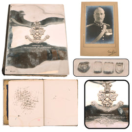 Original British Boer War 2nd Leinster “Prince of Wales” Regiment Presentation Officer’s Document Blotter with 21 Ounce Sterling Silver Engraved Cover with Portrait of Presenter, Capt. Julian Campbell Colquhoun
