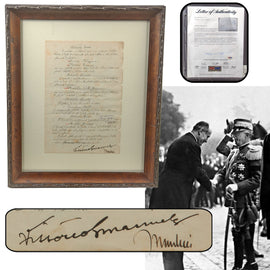 Original Italian Pre-WWII Framed Benito Mussolini & King Victor Emmanuel III Signed Military Promotion & Disciplinary Decree Document with PSA Authentication - Dated 1928 - 19 ⅛ x 23 ¼”