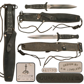 Original U.S. Post-Vietnam War Era Gerber Guardian II Combat Knife by R.W. Loveless in Sheath - Interesting Rune Handle Inscriptions