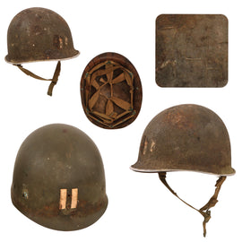 Original U.S. WWII Schlueter Fixed Bale Front Seam Captain’s M1 Helmet with Matching Firestone Liner Purportedly Found in Bastogne in 2005 - Untouched