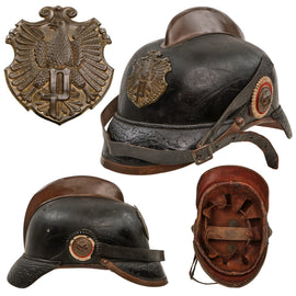 Original Imperial German Pre WWI Enlisted Hessen Fire Brigade Leather Pickelhaube Helmet with National & Hessen Cockades