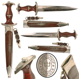 Original German WWII Early SA Dagger by Eduard Wüsthof of Solingen with Oe Group Mark, Brown Anodized Scabbard, and Hanger