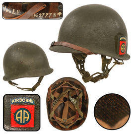 Original U.S. Korean War WWII M1-C Airborne Paratrooper Helmet Reissued in 1950s with 82nd Airborne Division Decal & Factory Westinghouse Jump Liner