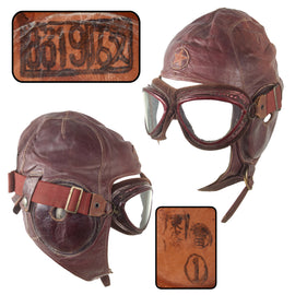 Original Imperial Japanese WWII Army Air Service Summer Flight Helmet & Velvet-Lined Goggles - Dated 1943
