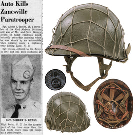 Original U.S. Post-WWII Named 82nd Airborne Division M1-C Paratrooper Helmet with Matching Westinghouse Factory Jump Liner - Sgt. Albert S. Evans, Killed in Auto Accident in 1955