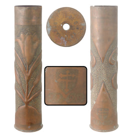 Original U.S. WWI 79th Division Trench Art Engraved French 75mm Brass Artillery Shell with Floral Motif & Division Insignia