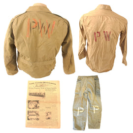 Original U.S. WWII Axis Prisoner of War PW Painted Uniform Lot - Three Clothing Articles Total with Camp Newspaper