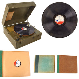 Original U.S. WWII U.S. Army Functional Phonograph Player by Plaza Manufacturing Co. with 2 Binders of 19 Special Services V Discs - Four Discs Have Naval Censor Stamps