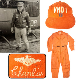 Original U.S. Vietnam War Era VMO-1 Marine Observation Squadron 1 Captain’s Baseball Cap & Flight Suit with Photograph of Pilot Wearing Them - Charlie