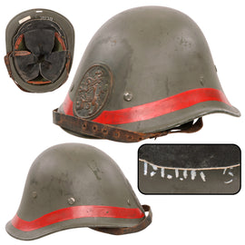Original Netherlands WWII Dutch M34 Steel Helmet With Badge and Painted Red Civil Protection Band - Complete