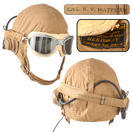 Original U.S. WWII USN / USMC H.L.B. Corp. M-450-1 Summer Flight Helmet with Telephonics TH-37 Headset & Chas Fischer Spring Mk II Goggles