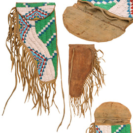 Original U.S. 19th Century Native American Plains Indian Beaded Sidearm Holster - Braintanned Leather with Correct Glass Trade Beadwork