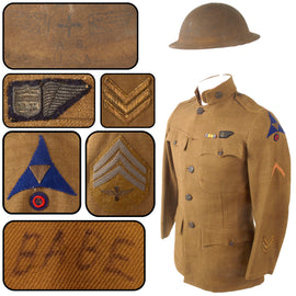 Original U.S. WWI III Corps Observation Group Double-Patched Enlisted Aerial Observer Uniform with Bullion Observer’s Wing & Etched M1917 Helmet - 88th & 90th Aero Squadrons