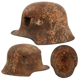 Original Imperial German WWI Extremely Rare Early “Square Dip” M16 Stahlhelm Relic Helmet with Shrapnel Damage