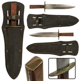 Original U.S. WWII Kennedy Brothers Style Double Edge Theater-Made Fighting Knife with Tooled Leather Scabbard