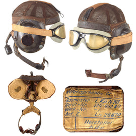 Original German WWII Luftwaffe LKpN101 Netzkopfhaube Summer Flying Helmet in Size 57cm with Avionics & Flight Goggles by Luftfahrtgeraetewerk Hakenfelde GmbH, Berlin-Spandau