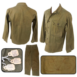 Original U.S. WWII Airborne Army 2nd Model HBT Herringbone Twill Uniform Jacket & Trousers with Paratrooper Wings Drawn on Back of Jacket