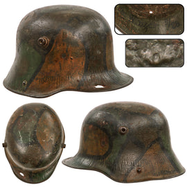 Original Imperial German WWI Named Panel Camouflage M16 Stahlhelm Helmet with Shrapnel Damage Through Visor - Rare Maker K64