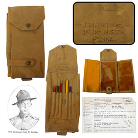 Original U.S. WWI 28th Division Mills Rimmed Eagle Snap Dispatch Case with Pencils Named to Wounded Machine Gun Company, 109th Infantry Officer - Jacob Mervine Shinkel