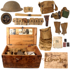 Original U.S. WWI 155th Depot Brigade Cook Trunk Grouping with Photos Under Lid, Helmet, Gas Mask, Haversack, Holster, and Camp Lee Remembrance Book - Samuel Z. Hare