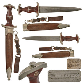Original German Early WWII SA Dagger by Paul F. Dick of Esslingen with Scabbard, Hanger, and Belt Loop