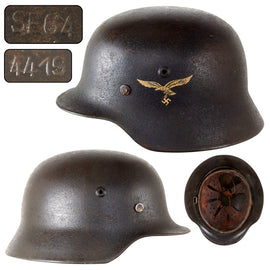 Original German WWII Luftwaffe Single Decal M40 Steel Helmet with 1943 Dated 56cm Liner, Stamped SE64, Lot No. 4419