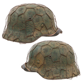 Original German WWII M40 Refurbished I.SS-Panzerkorps 1944 Camouflage Chicken Wire Helmet - Stamped EF66
