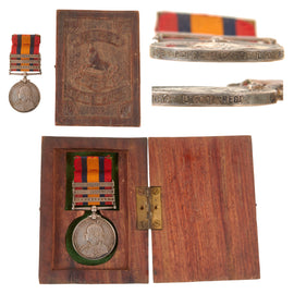 Original British Second Boer War Named Version Three Queen's South Africa Medal in Custom “Trench Art” Carved Wooden Display Box - Three Clasps