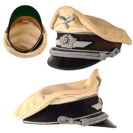 Original German WWII Luftwaffe Officer White Summer Weight Schirmmütze Visor Cap with Embroidered Bullion Wreath an Cockade