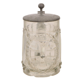 Original Imperial German Franco-Prussian War Era Lidded Glass Beer Stein with 1870 Iron Cross & Engraving on Lid