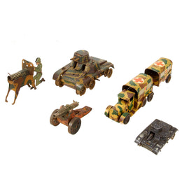Original German Pre WWII to Occupation Era Children’s Tin Toy Collection with Soldier on MG, Ambulance, and Tanks with Artillery Piece - 5 Items