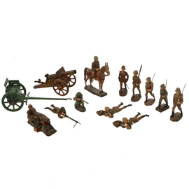 Original German WWII Era Lineol & Elastolin Toy Soldiers with Artillery Piece - Lot of 13 - Machine Gunners and Soldiers