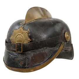 Original Imperial German Pre WWI Schleswig-Holstein Fire Brigade Pickelhaube Style Leather Helmet with State Badge