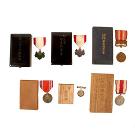 Original Japanese WWII Lot of Six Medals in Original Boxes - 1931-1934 Manchurian Incident Medal, Emperor Taisho Enthronement Medal, Order of the Rising Sun 7th & 8th Classes, Red Cross Medal, and Patriotic Women’s Association Member Badge