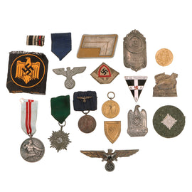 Original German WWII Award, Insignia, and Tinnie Grouping with Two Wehrmacht Long Service Medals, 1935 Saar Referendum Medal, and More - 17 Items