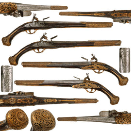 Original Early 19th Century Matched Pair of Ottoman Flintlock Holster Pistols with Gilt Embossed and Engraved Nickel Alloy Fittings - Circa 1800