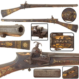 Original Ottoman Empire Miquelet Lock Rifled Shishana Carbine with Damaged Brass and Bone Inlaid Stock, Faux Damascus Barrel, and Ball Trigger, circa 1800